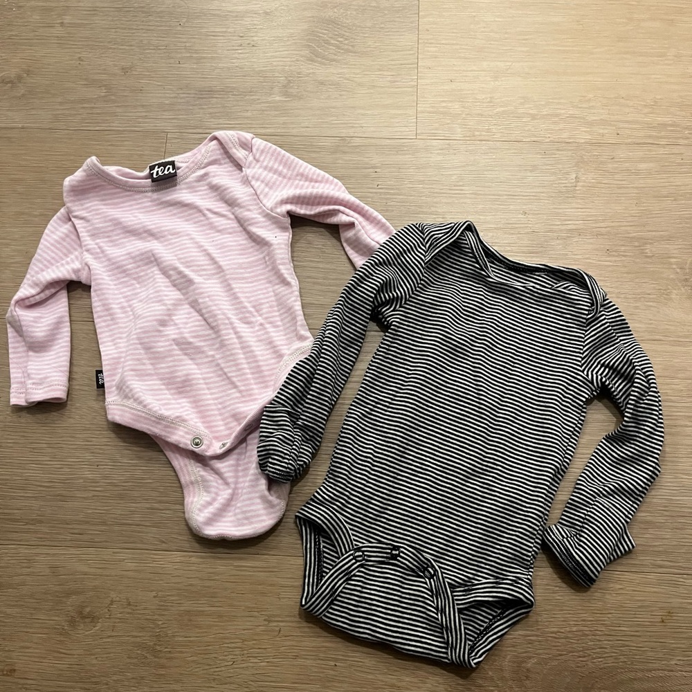 Tea Collection Pink & Black Striped Long-Sleeve Baby One-Pieces (Set of 2)